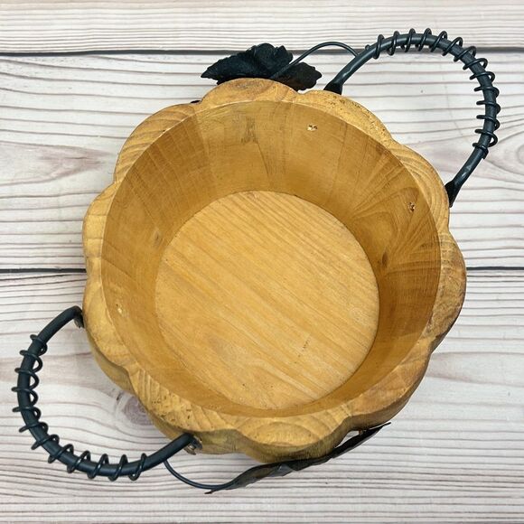 VTG Pier1 Wooden Pumpkin Bowl Basket Metal Handle Rustic Thanksgiving Fall Decor - Picture 2 of 9